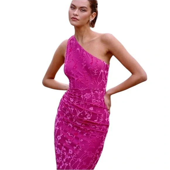 Anthropologie HUTCH One Shoulder Ruched Velvet Flocked Midi Dress Pink Size L - Picture 6 of 14